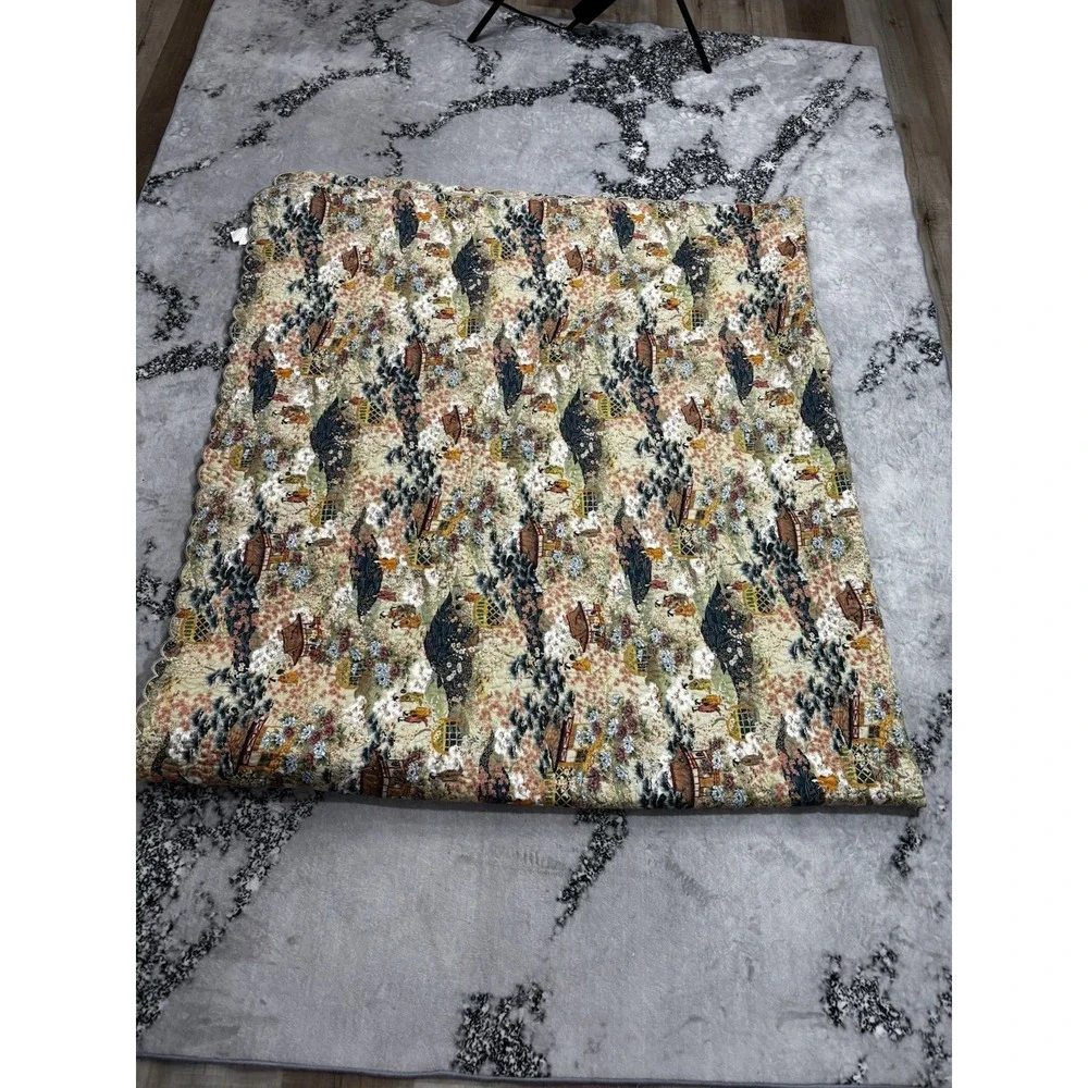 Cuddledown King Cotton Floral Asian Garden Quilted Bedspread 112x98 Scalloped